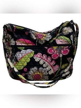 Vera Bradley Black Floral Quilted Crossbody Bag with Pink and Lime Accents